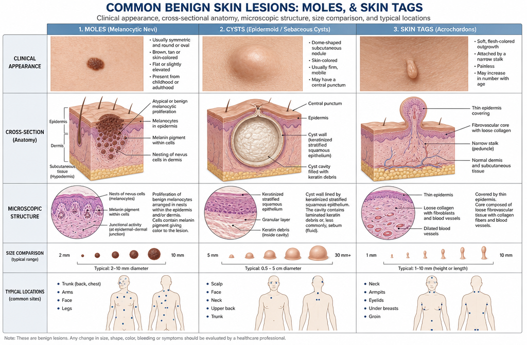 Comprehensive medical illustration comparing moles, cysts, and skin tags: Detailed anatomical cross-section diagram showing