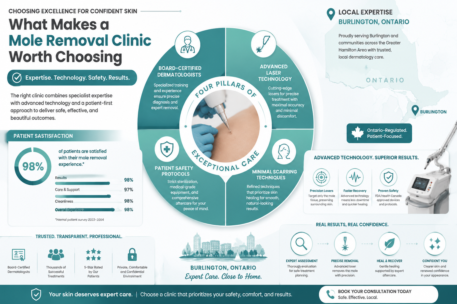 Comprehensive infographic exploring 'What Makes a Mole Removal Clinic Worth Choosing'. Central circular diagram showing