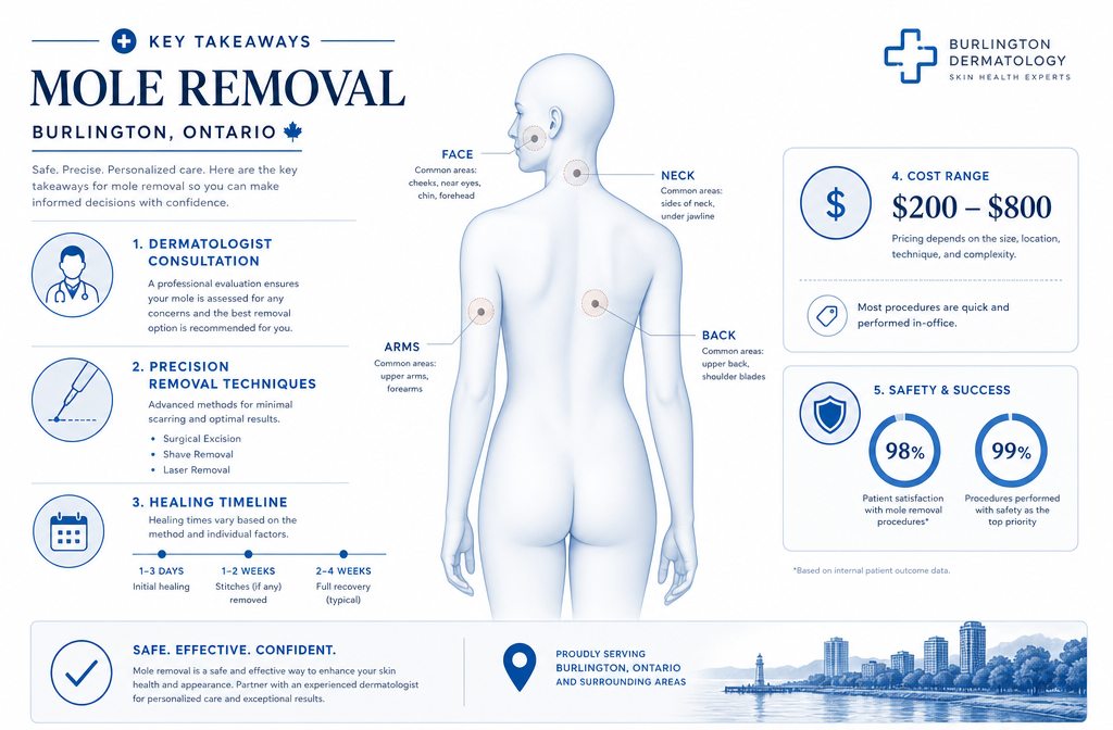 Clean, using medical blue and white color palette. Surrounding icons represent key points: dermatologist consultation,