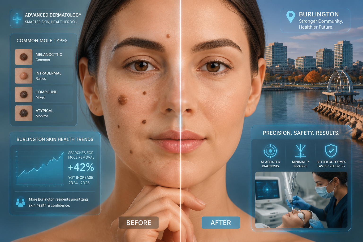 Conceptual illustration depicting 'Why Burlington Residents Are Searching for Mole Removal in 2026'. Split-screen visual