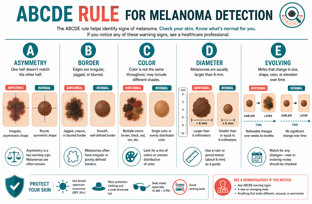 Detailed () educational infographic-style illustration showing the ABCDE rule for melanoma detection. Five side-by-side skin