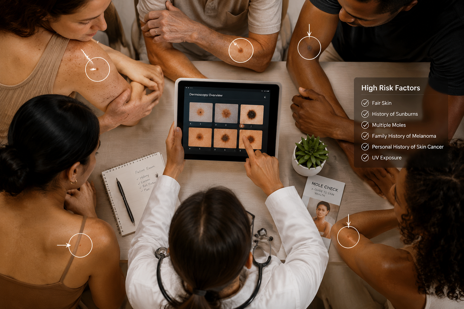 () overhead flat-lay composition showing a diverse group of people of different skin tones — light, medium, and deep brown —