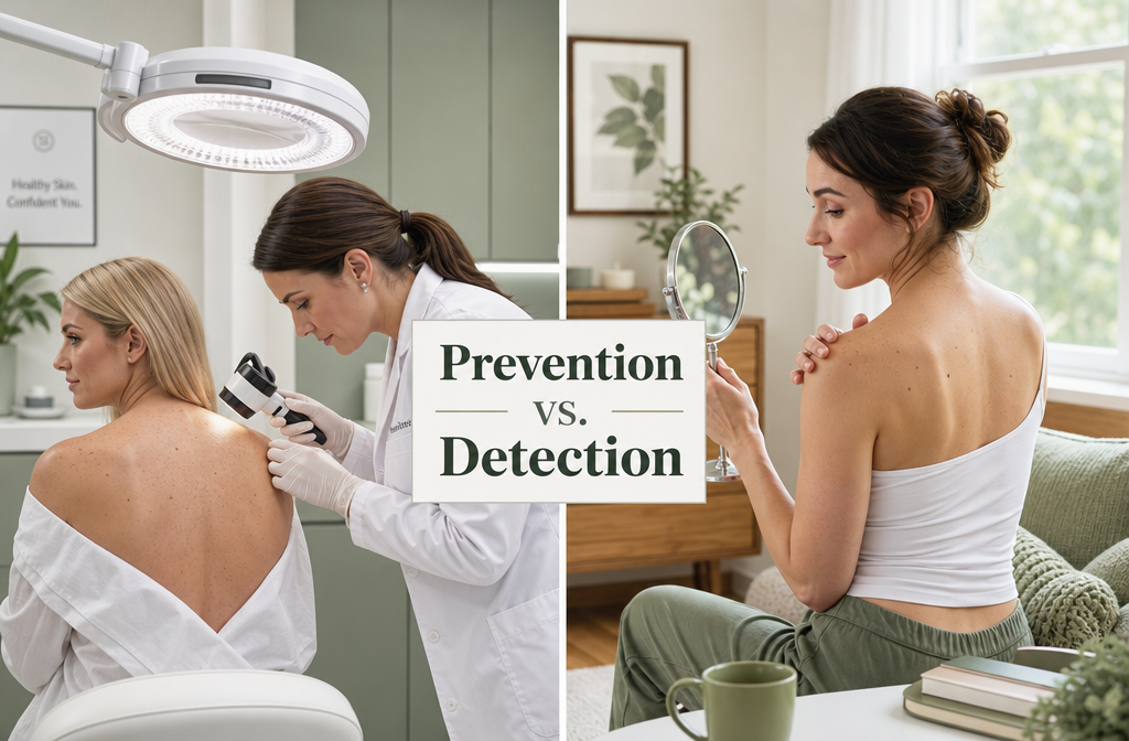() split-scene image showing two contrasting scenarios: LEFT side shows a patient in a modern dermatology clinic receiving a