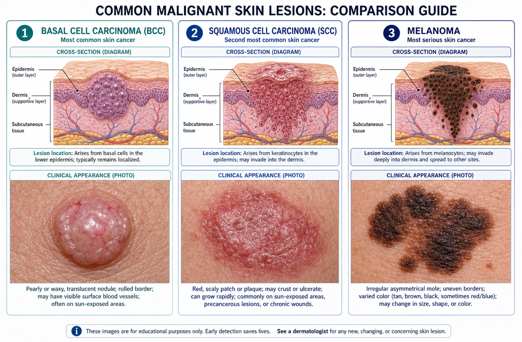 Detailed () educational infographic-style illustration showing side-by-side comparison panels of the three main skin cancer
