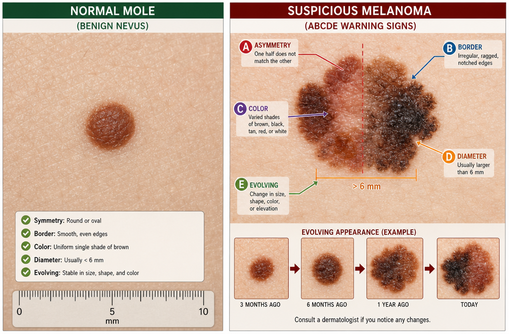 Comparative visual guide demonstrating differences between normal moles and potential melanoma. Split-screen medical