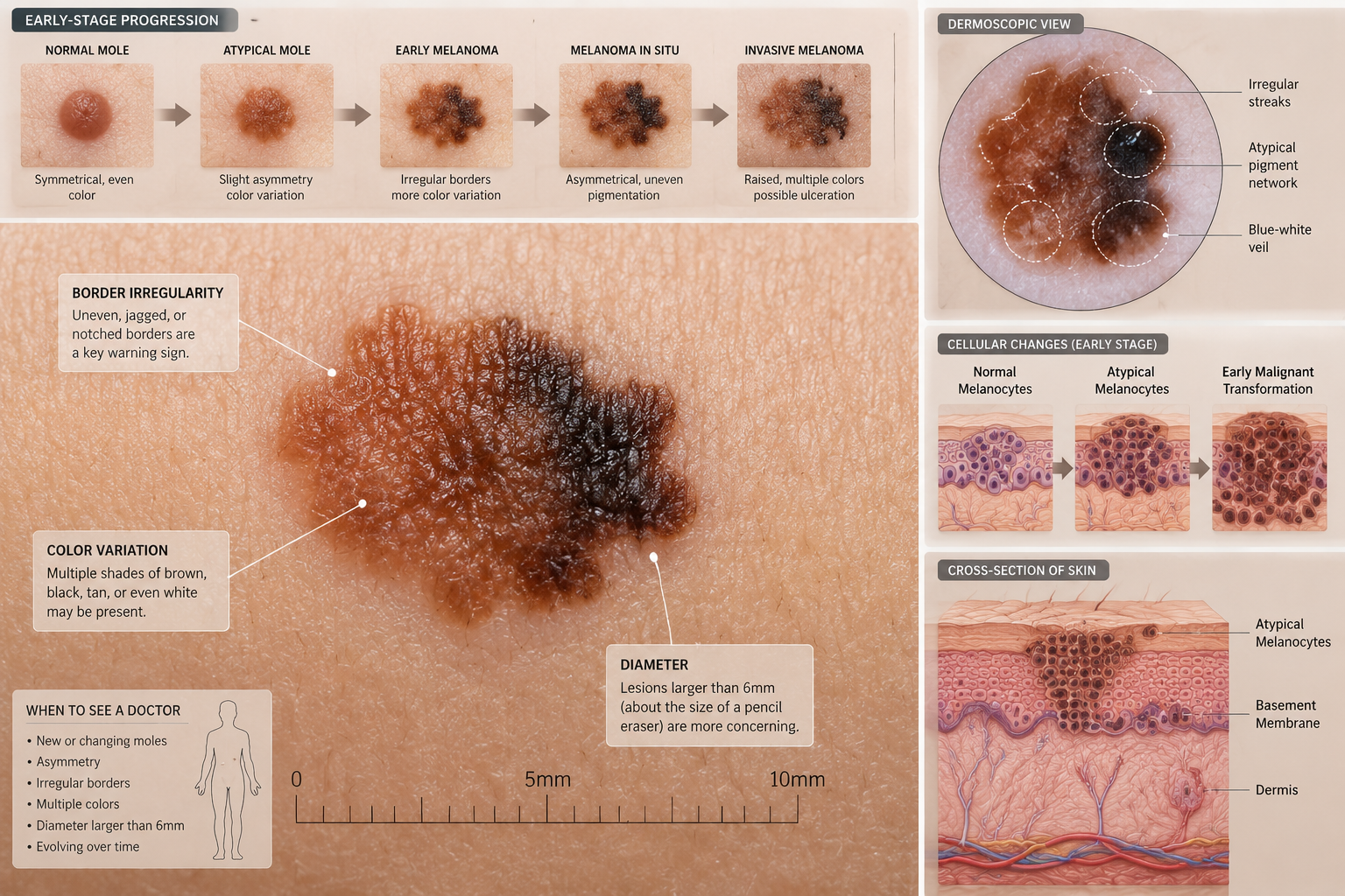 Detailed medical illustration showcasing early-stage skin cancer progression on human skin. High-resolution dermatological