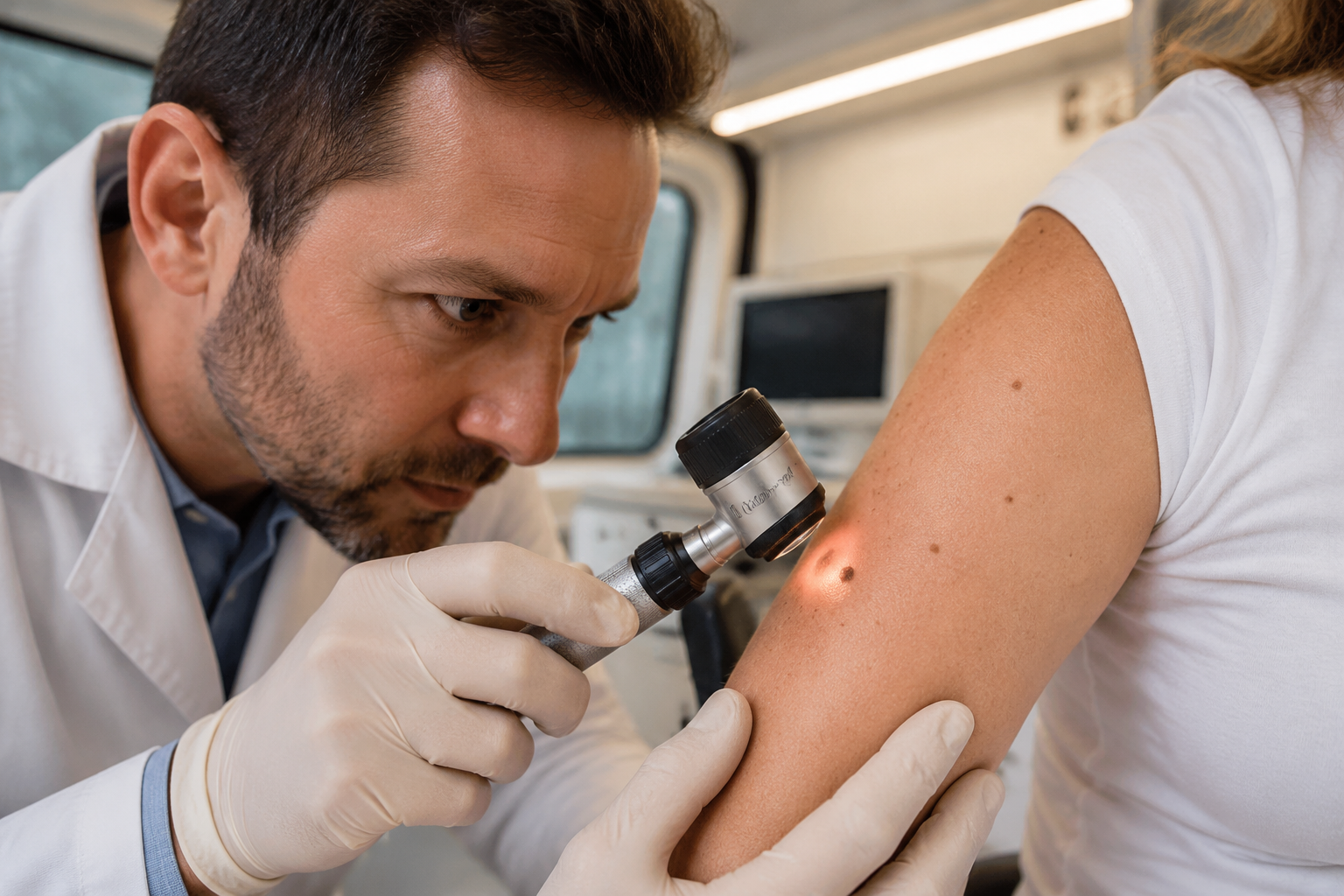 () close-up editorial photograph of a dermatologist using a handheld dermatoscope to examine a mole on a patient's arm
