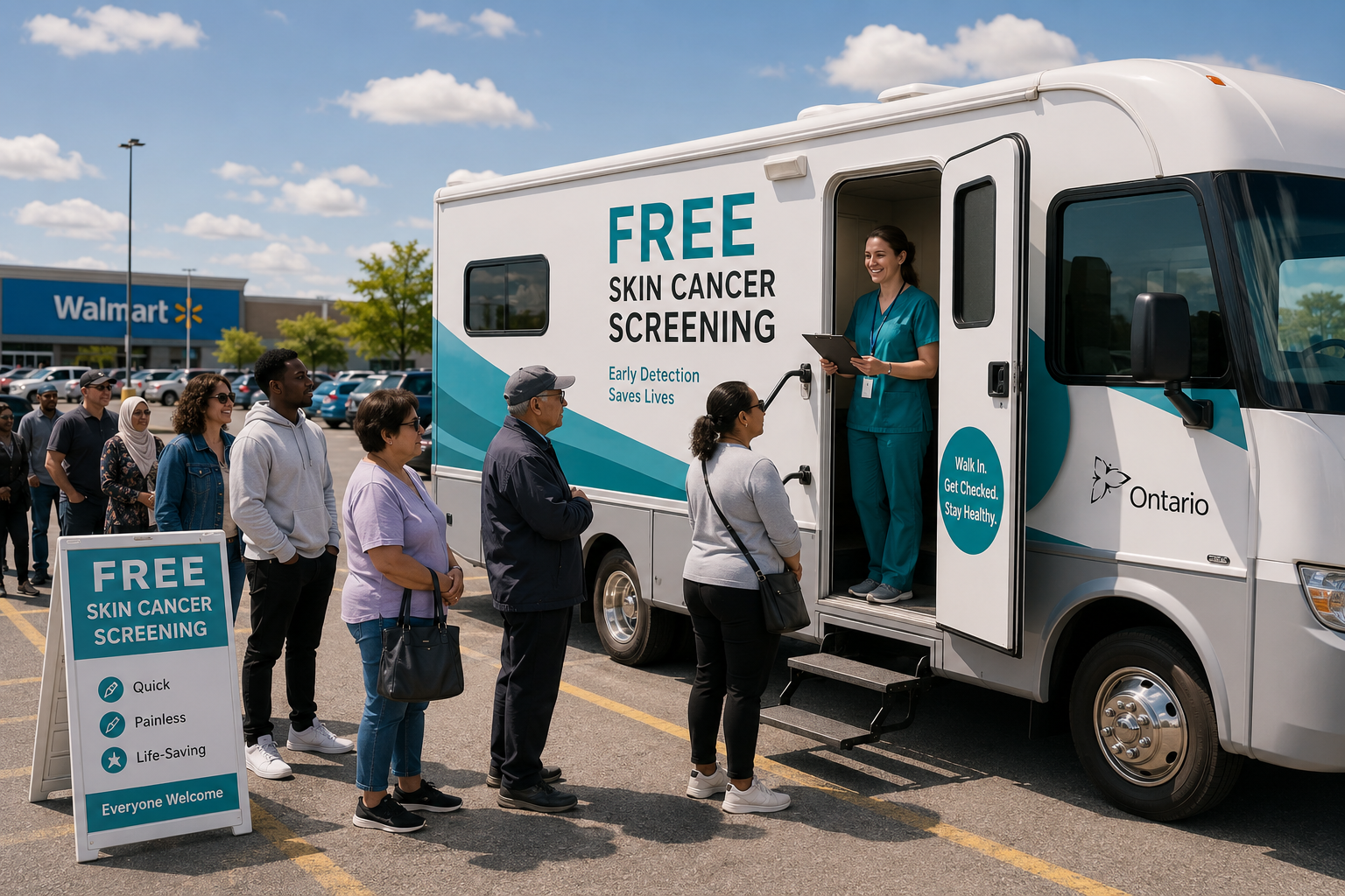 () editorial illustration showing a sleek white mobile medical screening unit parked in a busy Walmart parking lot in
