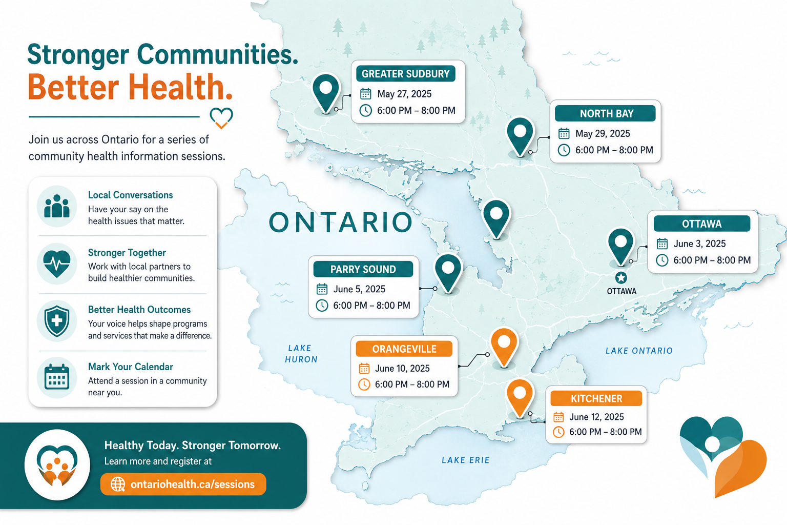 () infographic-style image showing a detailed Ontario map with location pins marking cities including Ottawa, Kitchener,