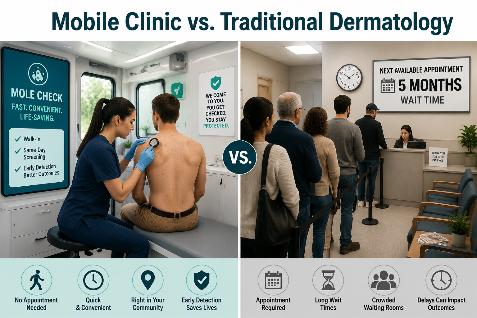 () split-panel comparison image: left side shows the interior of a mobile mole clinic screening unit with a patient being