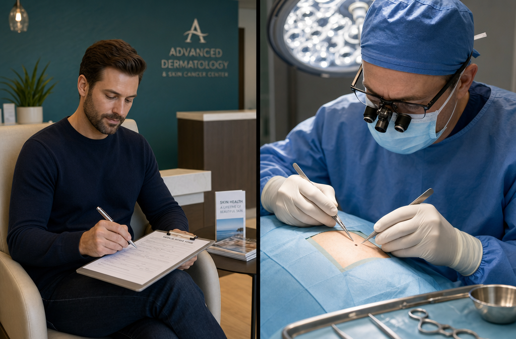 () split-scene image: left side shows a patient in a clinic chair filling out a medical intake form on a clipboard with a