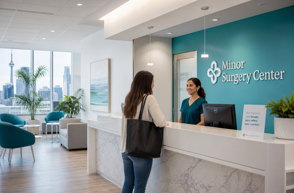 () wide-angle shot of a modern, welcoming outpatient minor surgery clinic reception area in Toronto, bright natural light