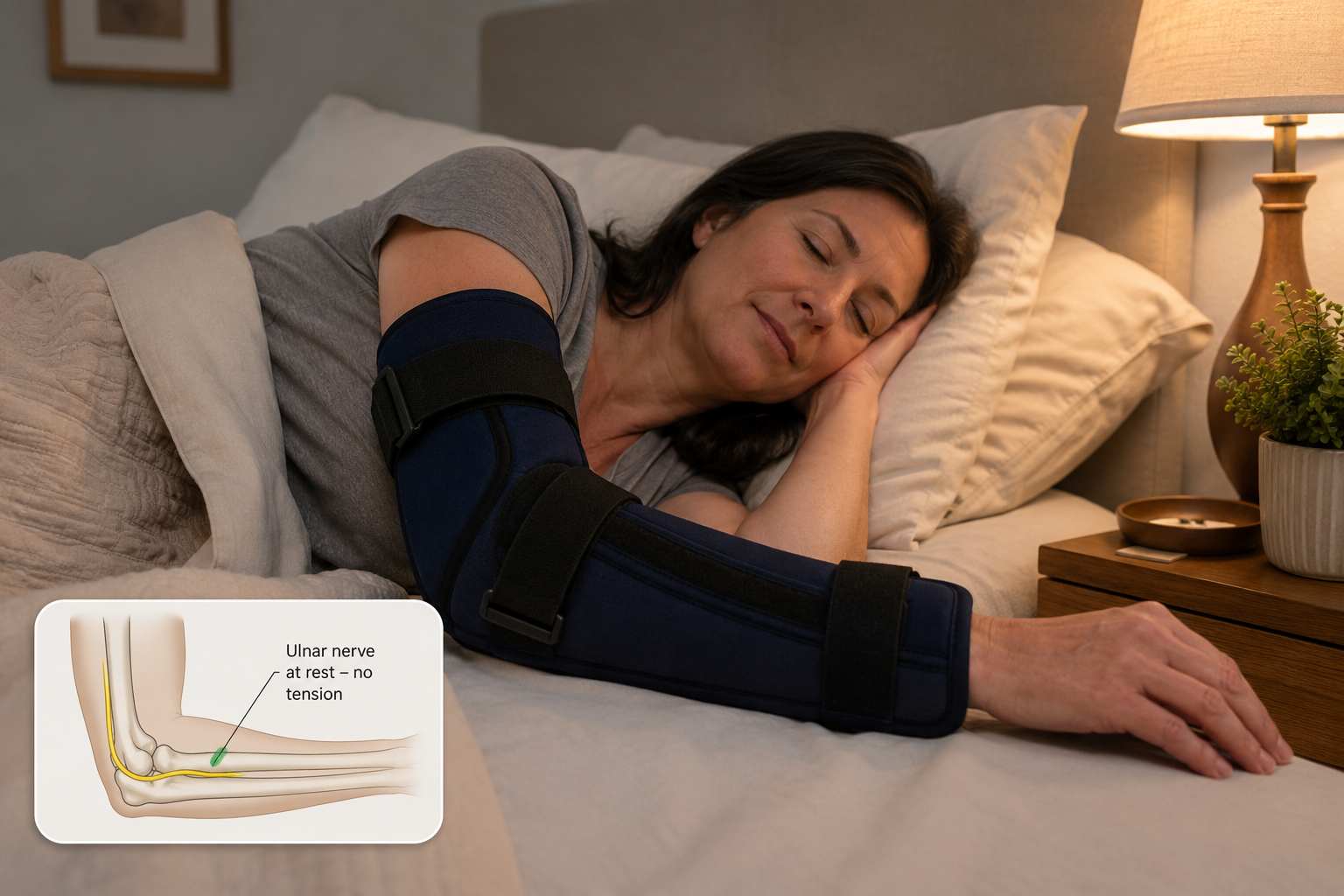 Detailed () photograph of a person resting in bed, wearing a specialized foam and fabric elbow night splint on their arm.