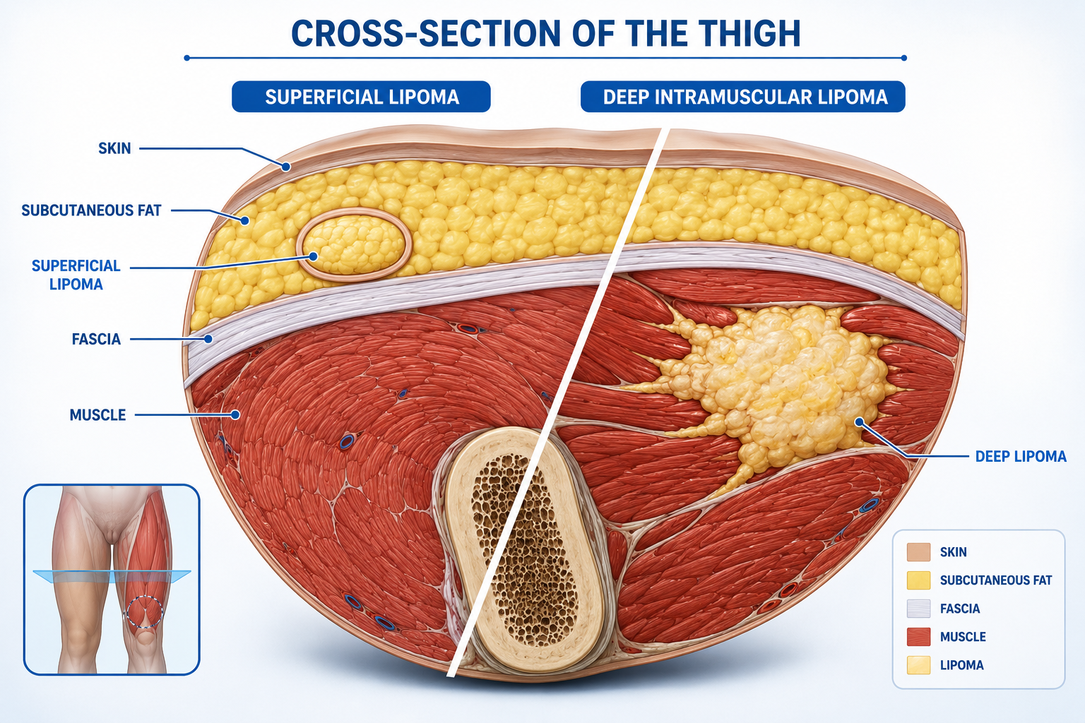 Detailed () medical illustration showing a labeled anatomical cross-section of the human thigh, split diagonally to contrast