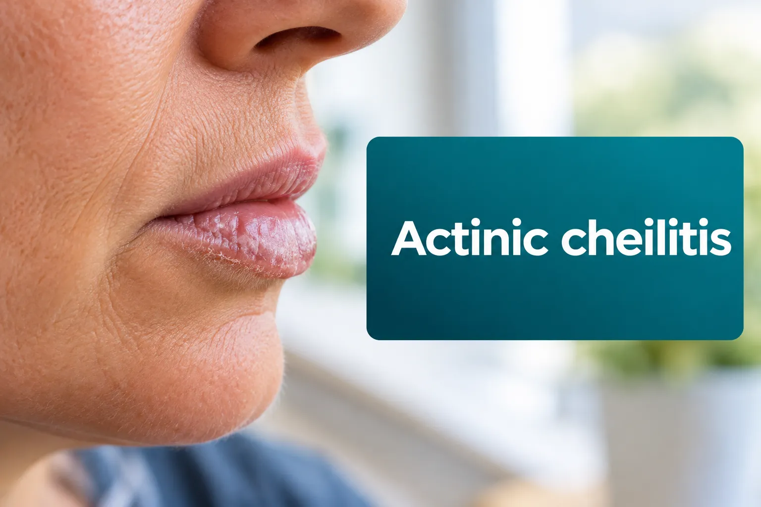 Professional () hero image with (≤42 chars): 'Actinic cheilitis', centered on a solid deep-teal panel with 8% safe margins,