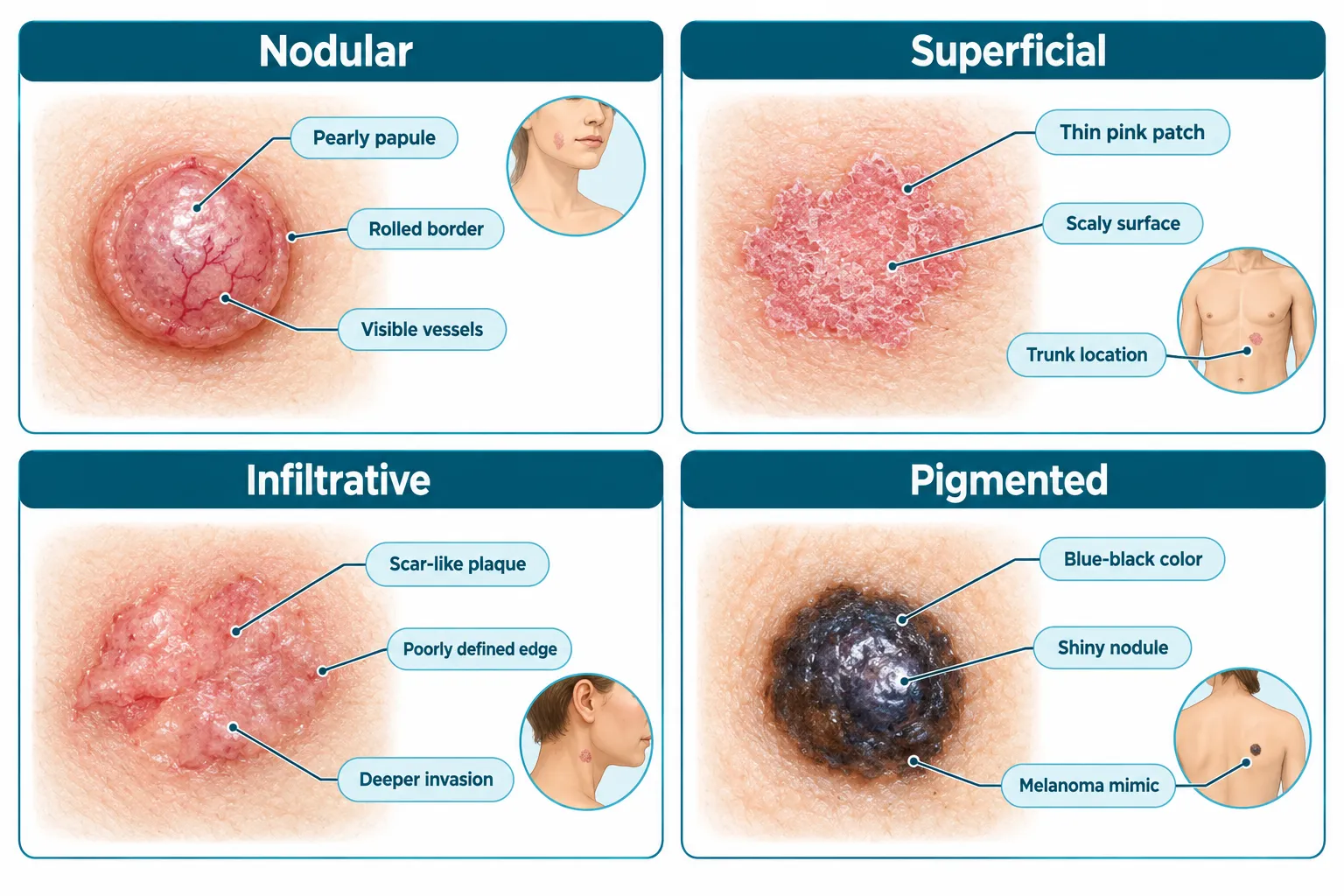 BCC Subtypes Explained: Nodular, Superficial, Infiltrative, and Pigmented at a Glance