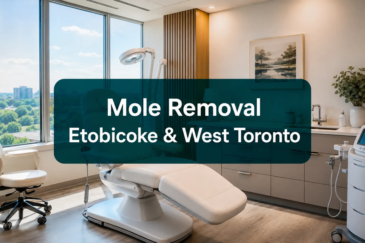 Professional () hero image with (≤42 chars): 'Mole Removal Etobicoke & West Toronto', crisp white on a deep teal