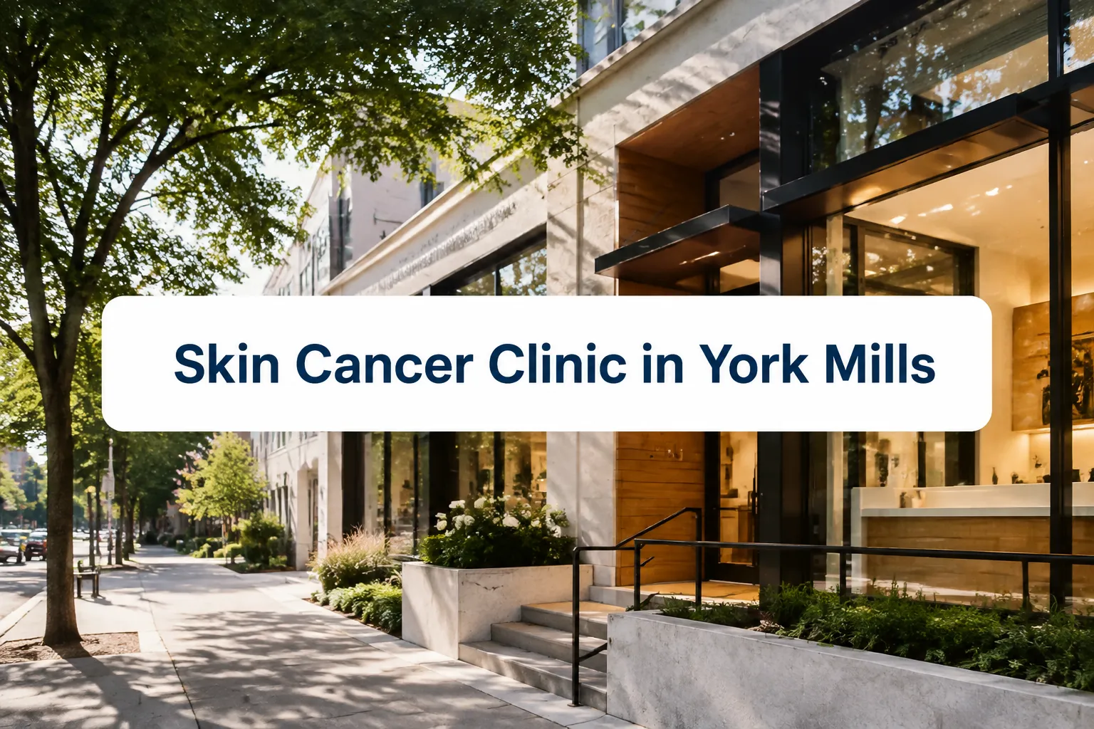 Professional () hero image with SHORT (≤42 chars): 'Skin Cancer Clinic in York Mills', navy on a clean white panel, centered