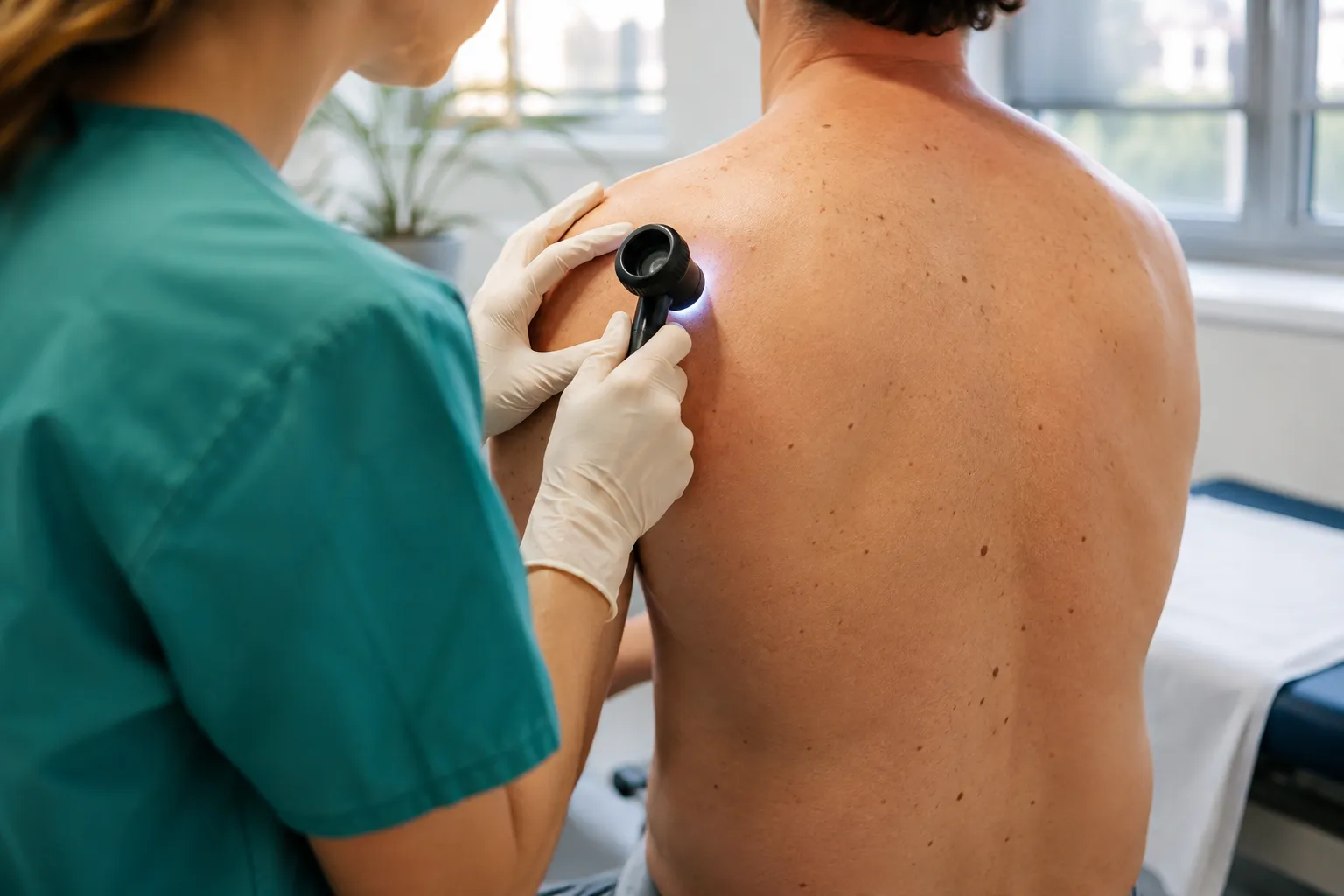 Clinician examining a mole with a handheld dermatoscope in a bright clinic