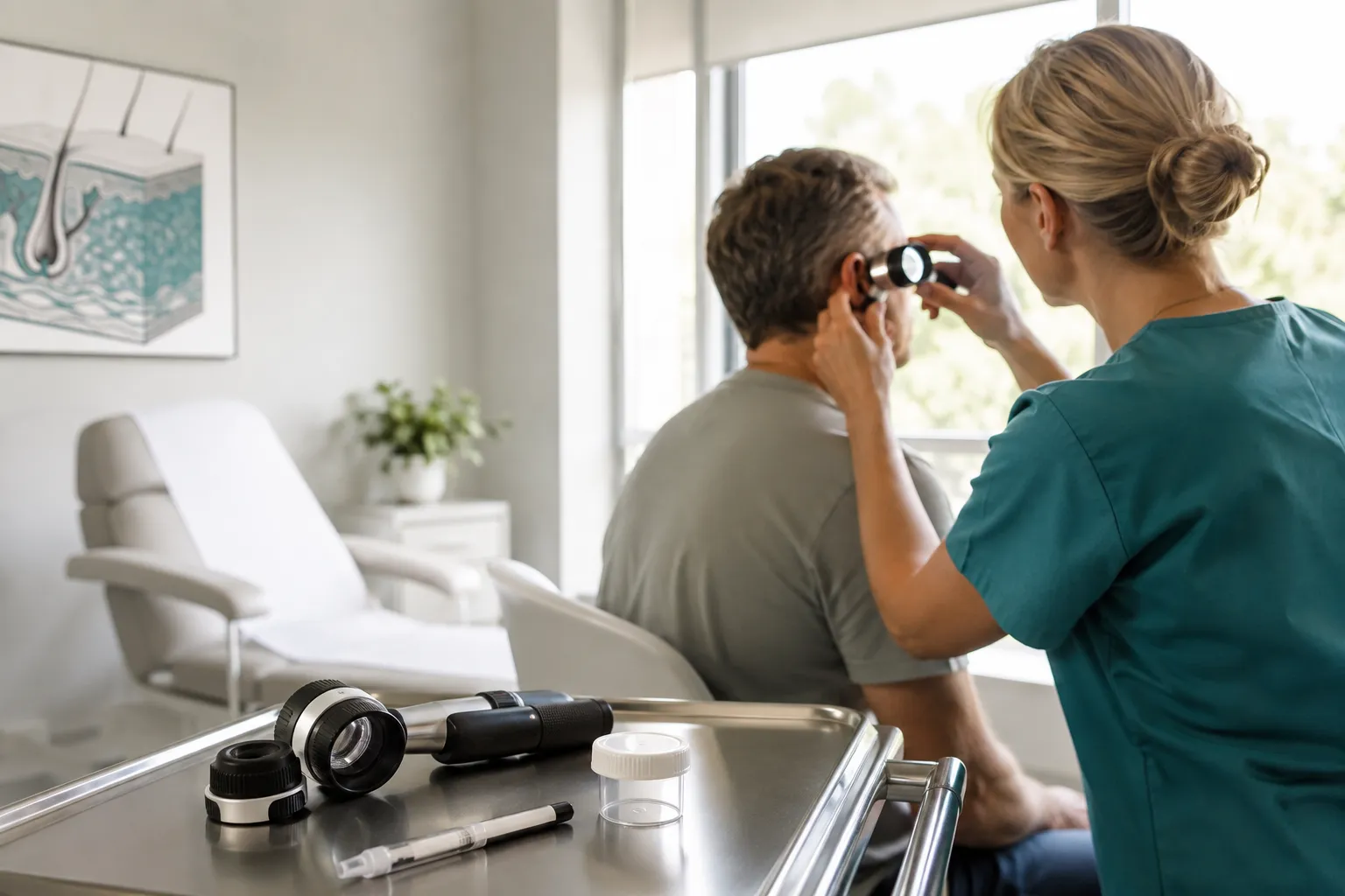 Bright editorial photograph, landscape , no : a calm modern minor-surgery consultation room in natural daylight, pale grey