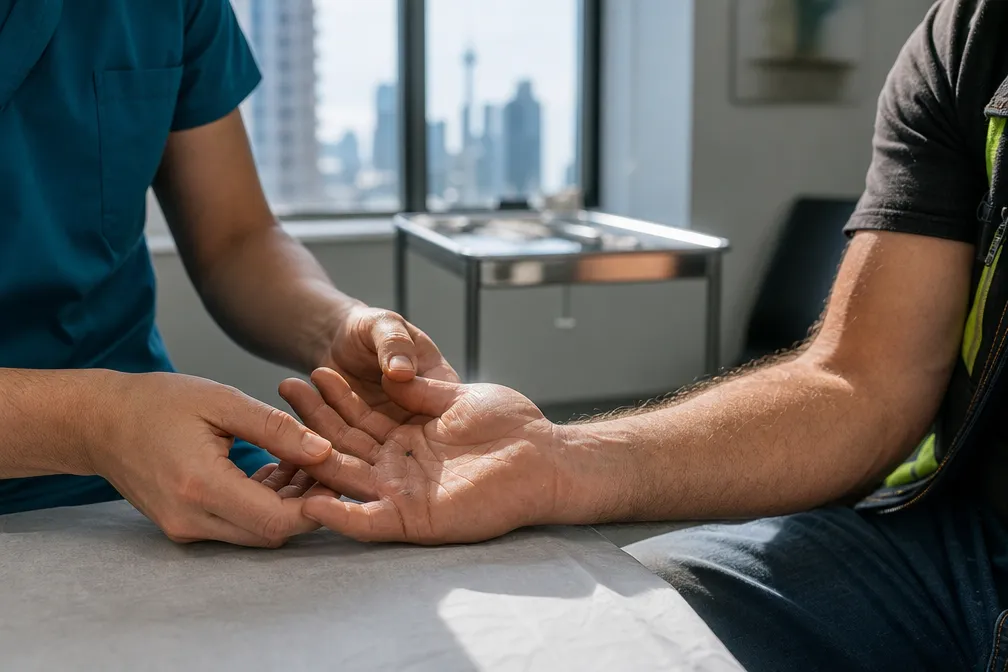 Landscape editorial photograph, bright natural window light: close-up of a middle-aged tradesperson's open right palm