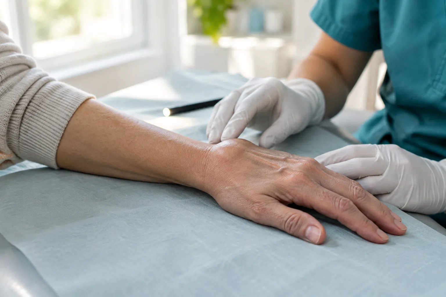 Landscape editorial close-up photograph, bright clinical daylight: a mature adult's forearm and hand resting palm-down on a