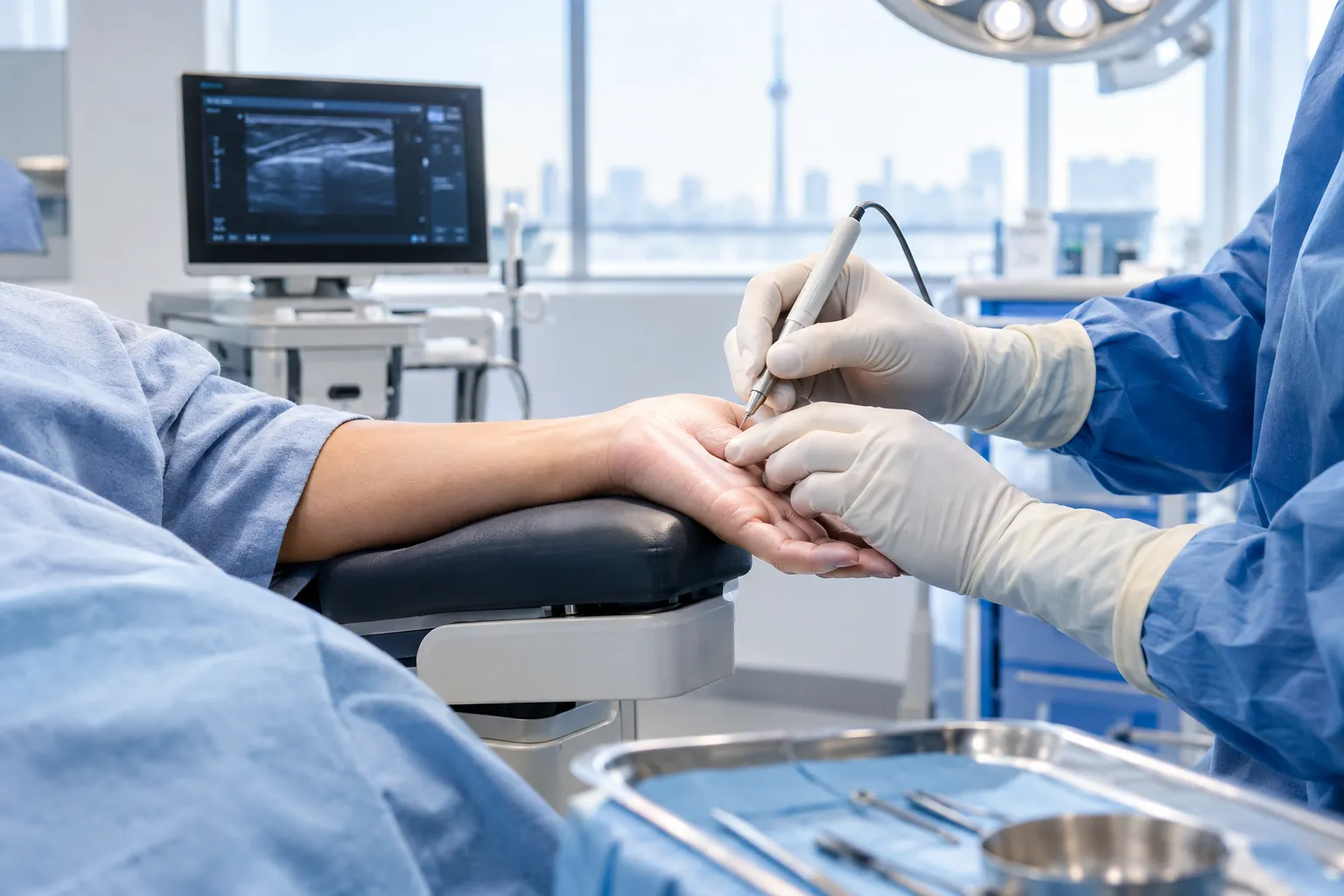 Professional landscape hero image (). Modern design, , , aesthetic. Background imagery relevant to: carpal tunnel surgery