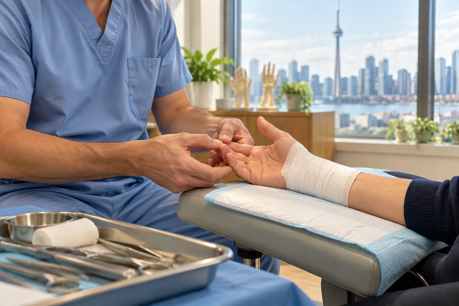 Wide editorial photograph () of a sunlit Ontario hand-surgery clinic exam room: a clinician in pale blue scrubs gently
