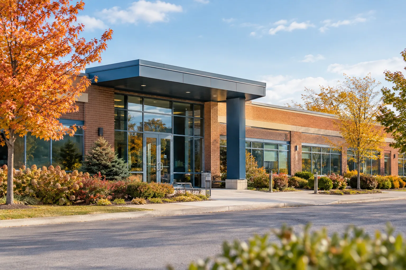 () editorial photograph of a modern medical clinic exterior on a quiet suburban road in Vaughan Ontario, brick building with