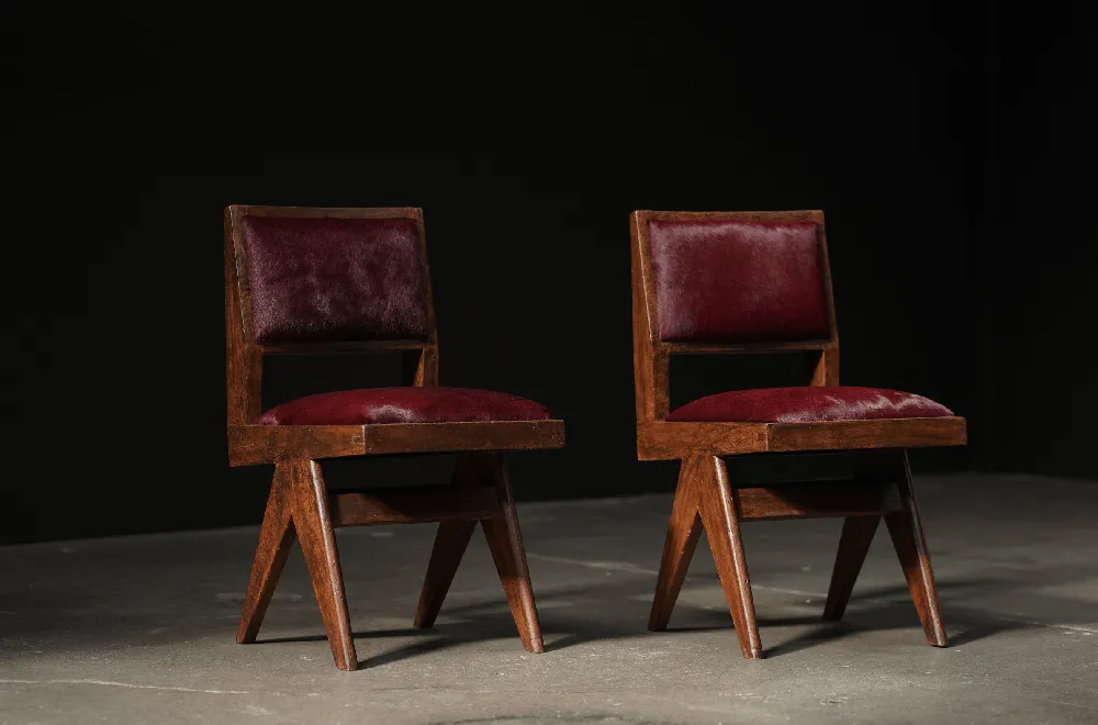 Pair of Pierre Jeanneret Chairs, Burgundy Cowhide