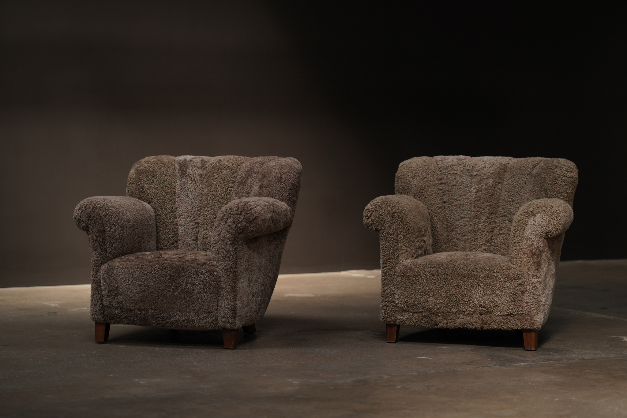 Pair Lounge Chairs, Mushroom Shearling 