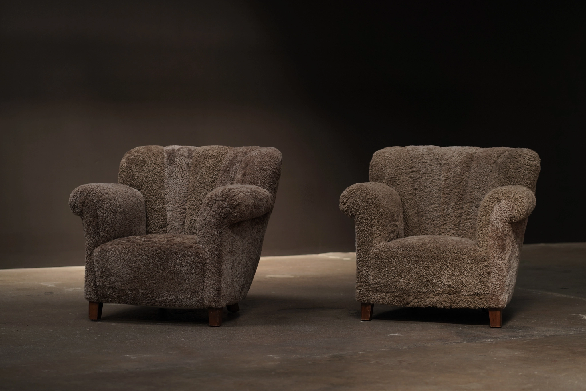 Pair Lounge Chairs, Mushroom Shearling 