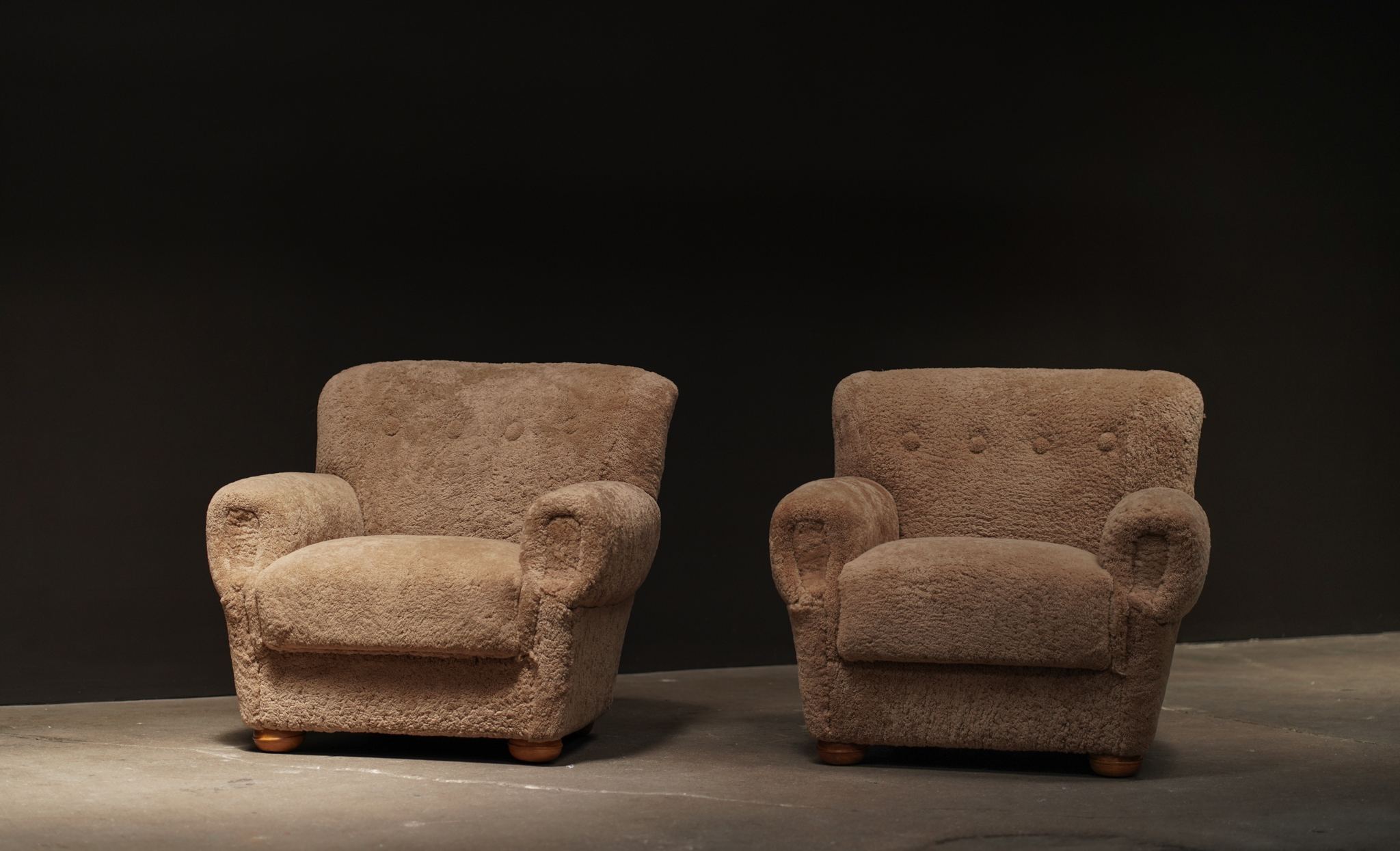 Pair Shearling Lounge Chairs, Camel                                                                     