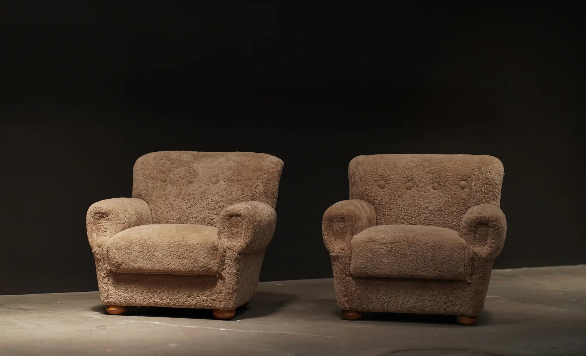 Pair Shearling Lounge Chairs, Camel