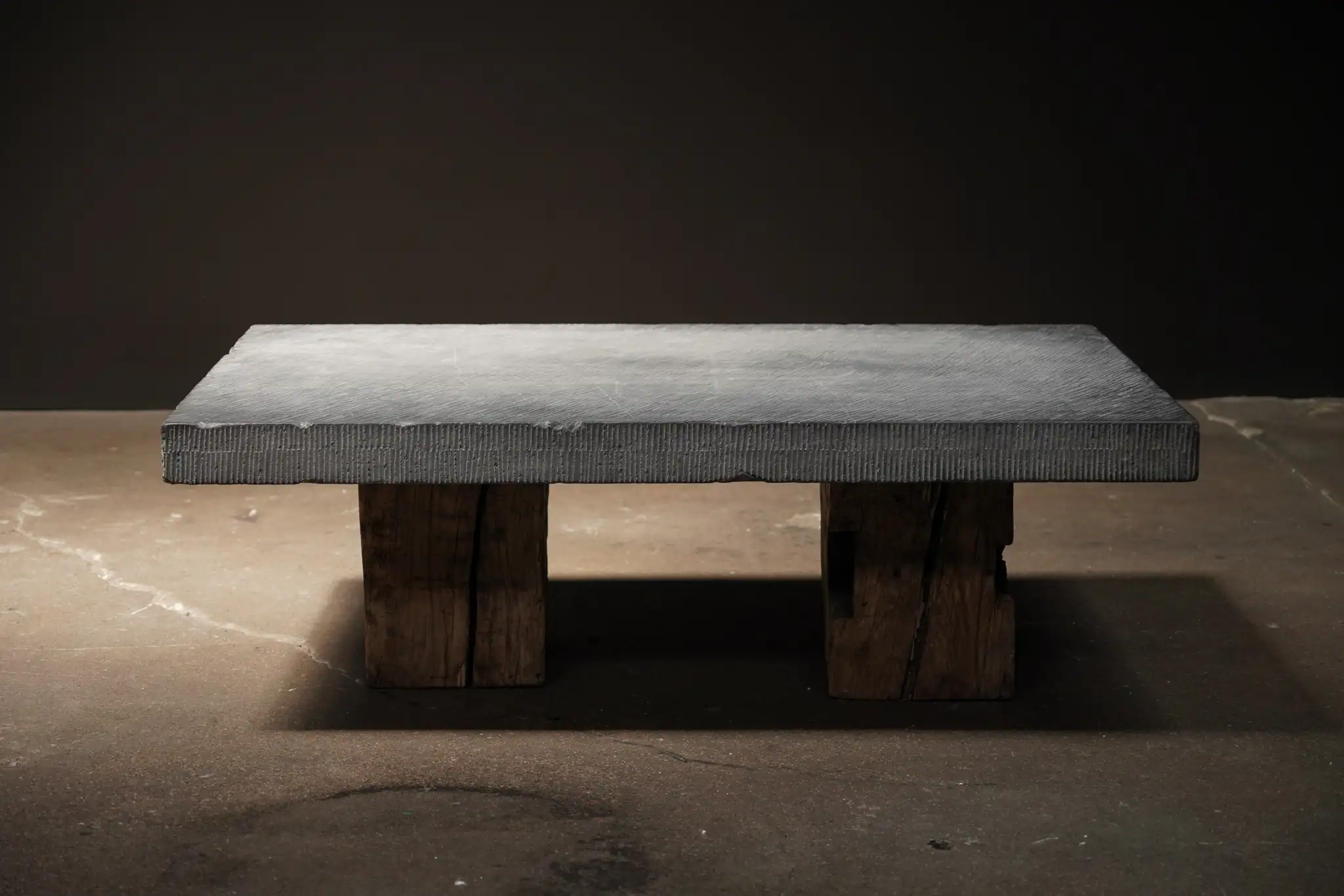 Double Wood Base Stone Coffee Table   