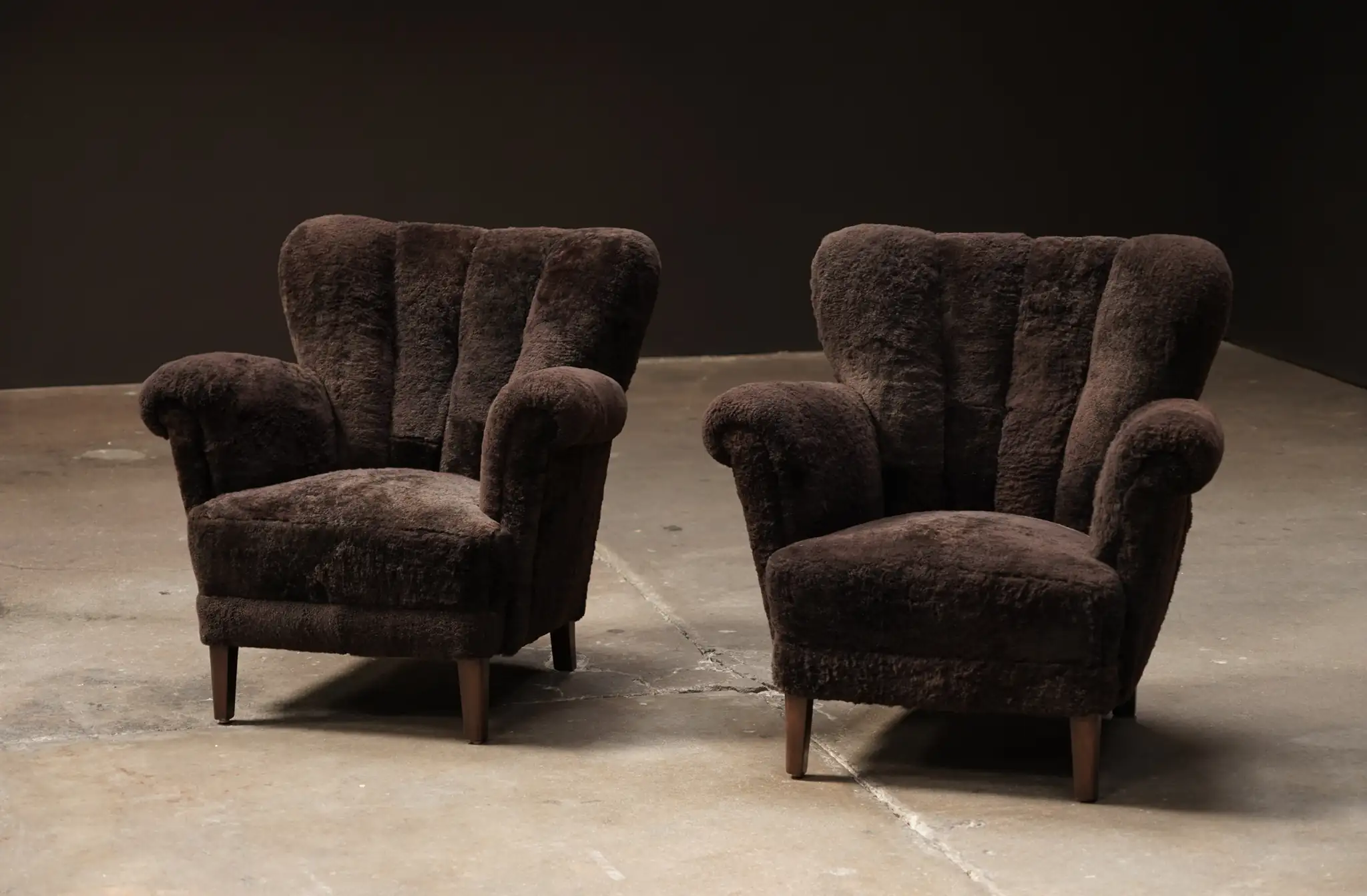 Espresso Shearling Lounge Chairs, Pair 