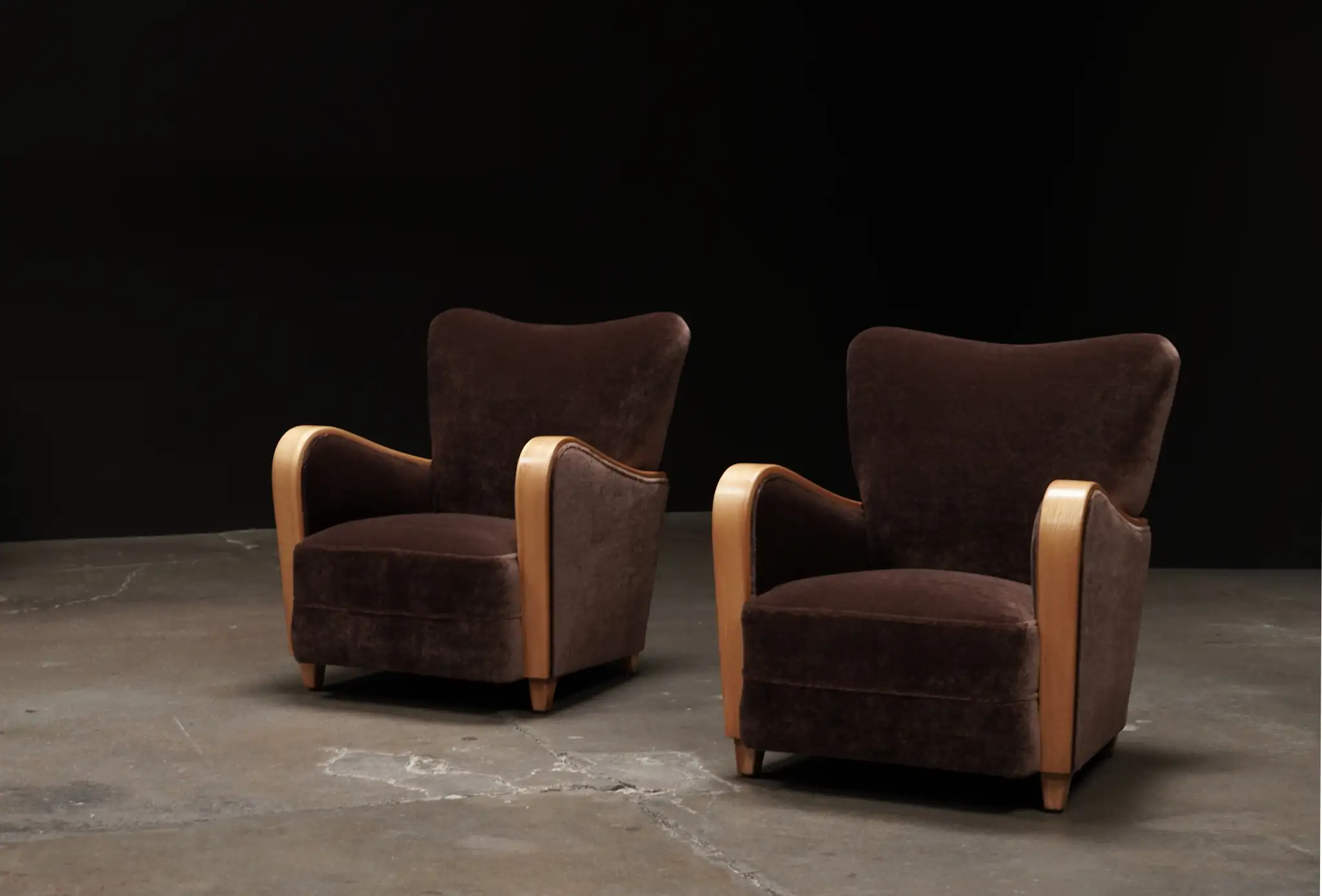 Wood Reveal Lounge Chairs, Mohair