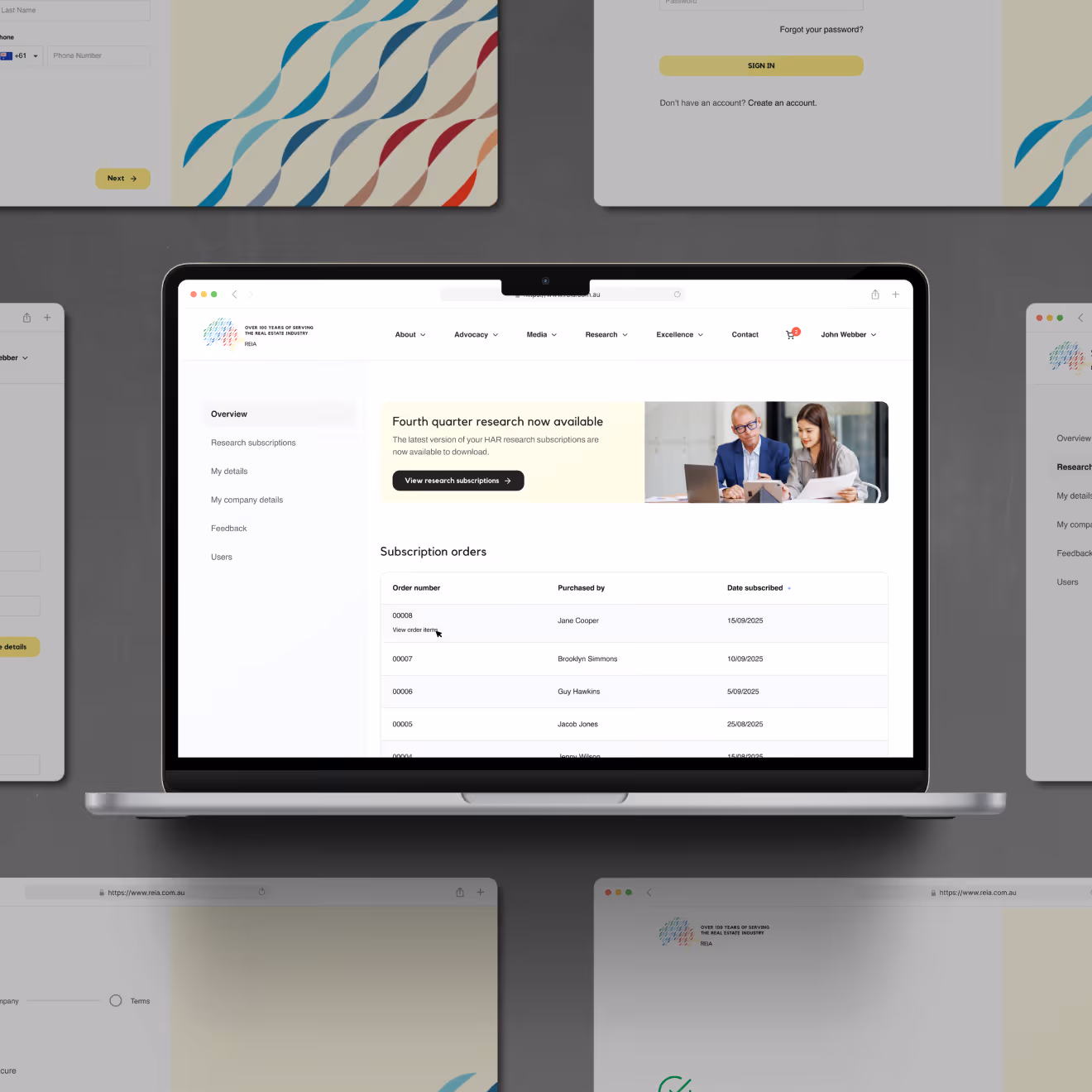 Laptop screen displaying a subscription management webpage with a list of subscription orders, including order numbers, purchaser names, and subscription dates.