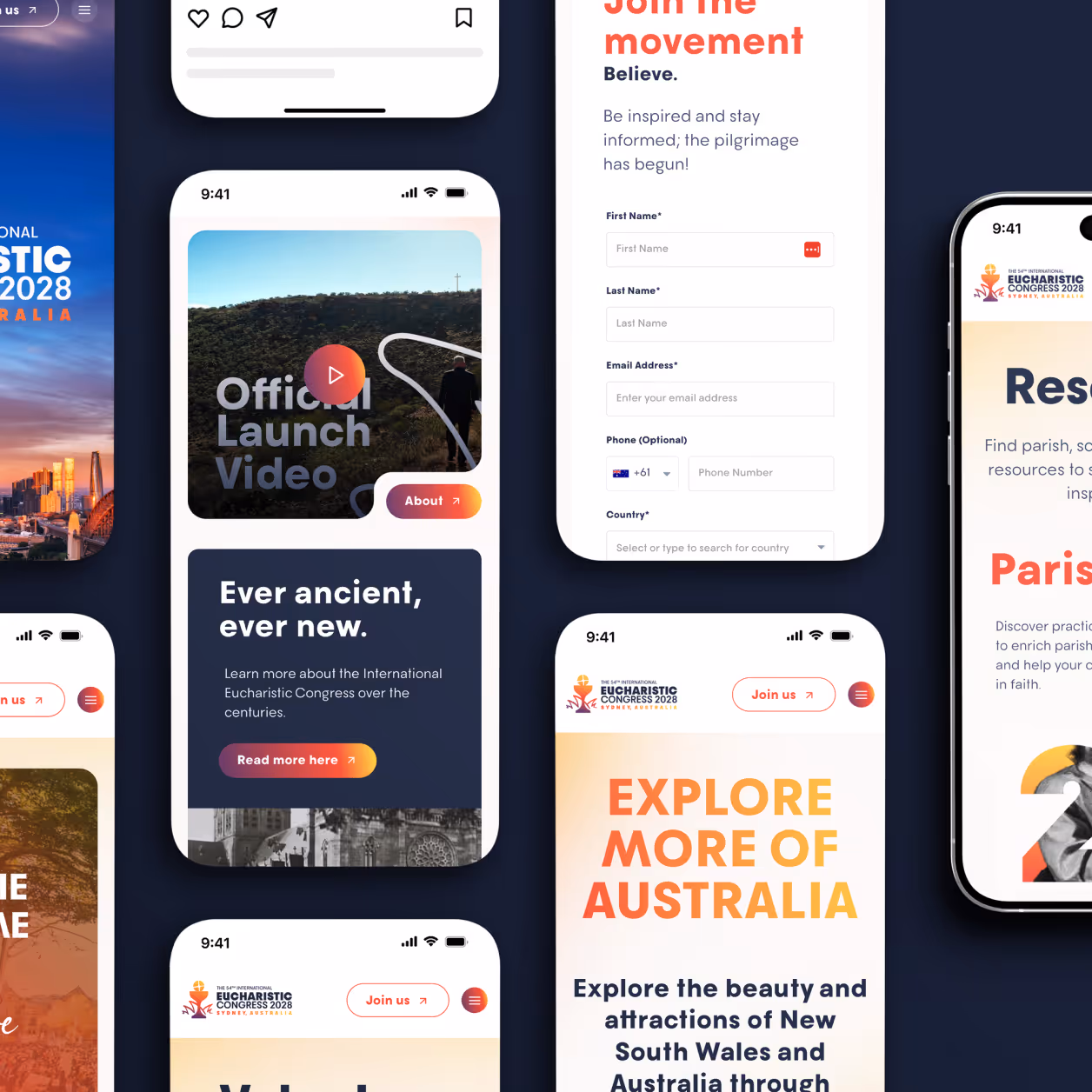 Mobile screens of International Eucharistic Congress 2028 app showing launch video, info, signup form, and Australia travel.