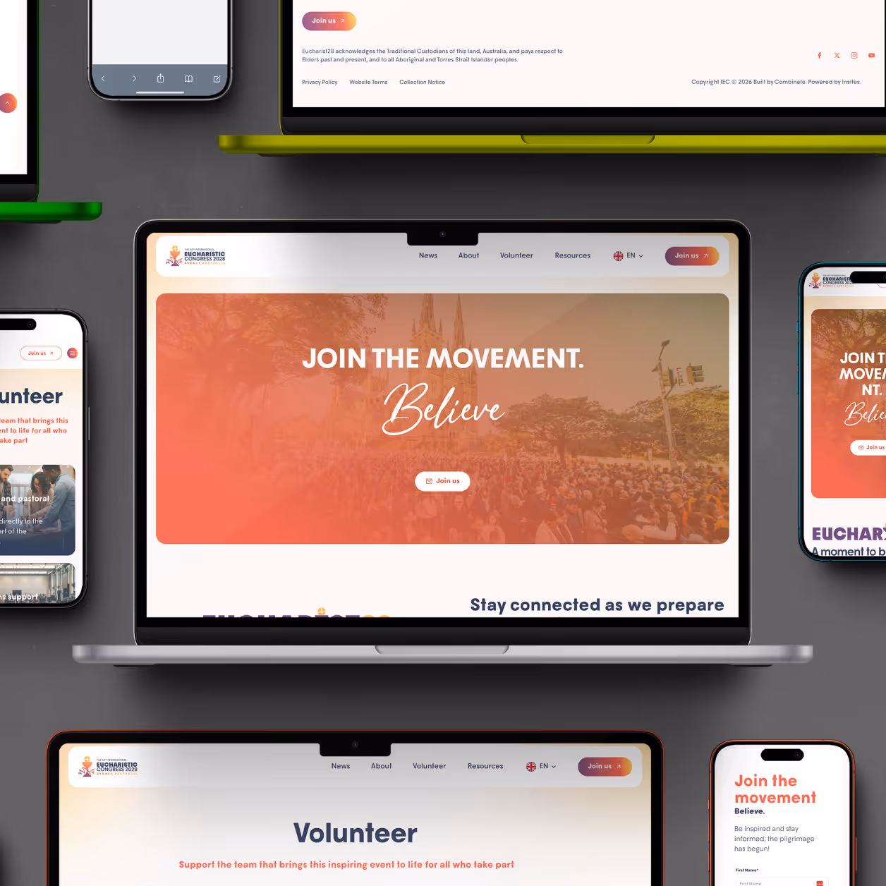 Multiple devices showing a website for Eucharistic Congress 2028 with join movement and volunteer messages.