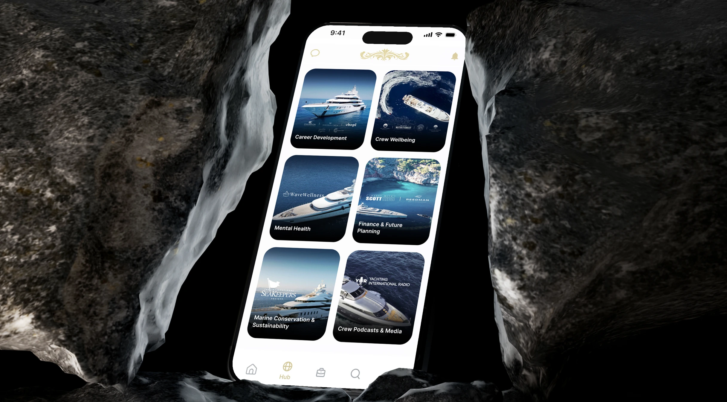 Smartphone displaying a marine-themed app with categories like Career, Wellbeing, Finance, and Conservation.