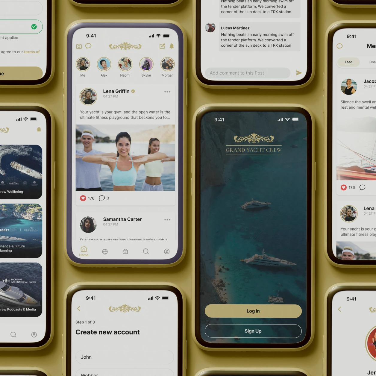 Multiple phone screens showing a yacht crew app with login, feed, and create account interfaces.