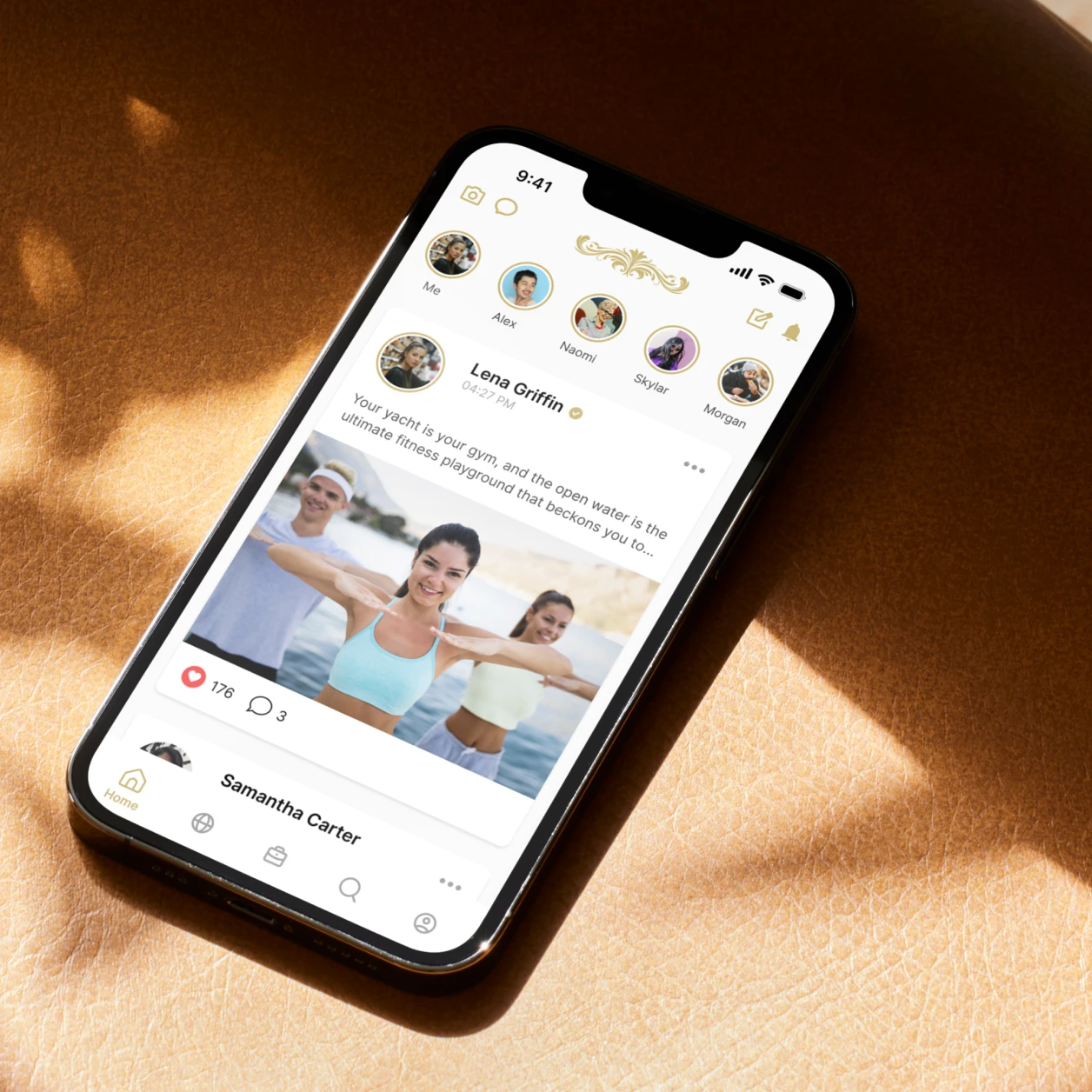 Smartphone displaying a social fitness app feed with a post showing people exercising near water.