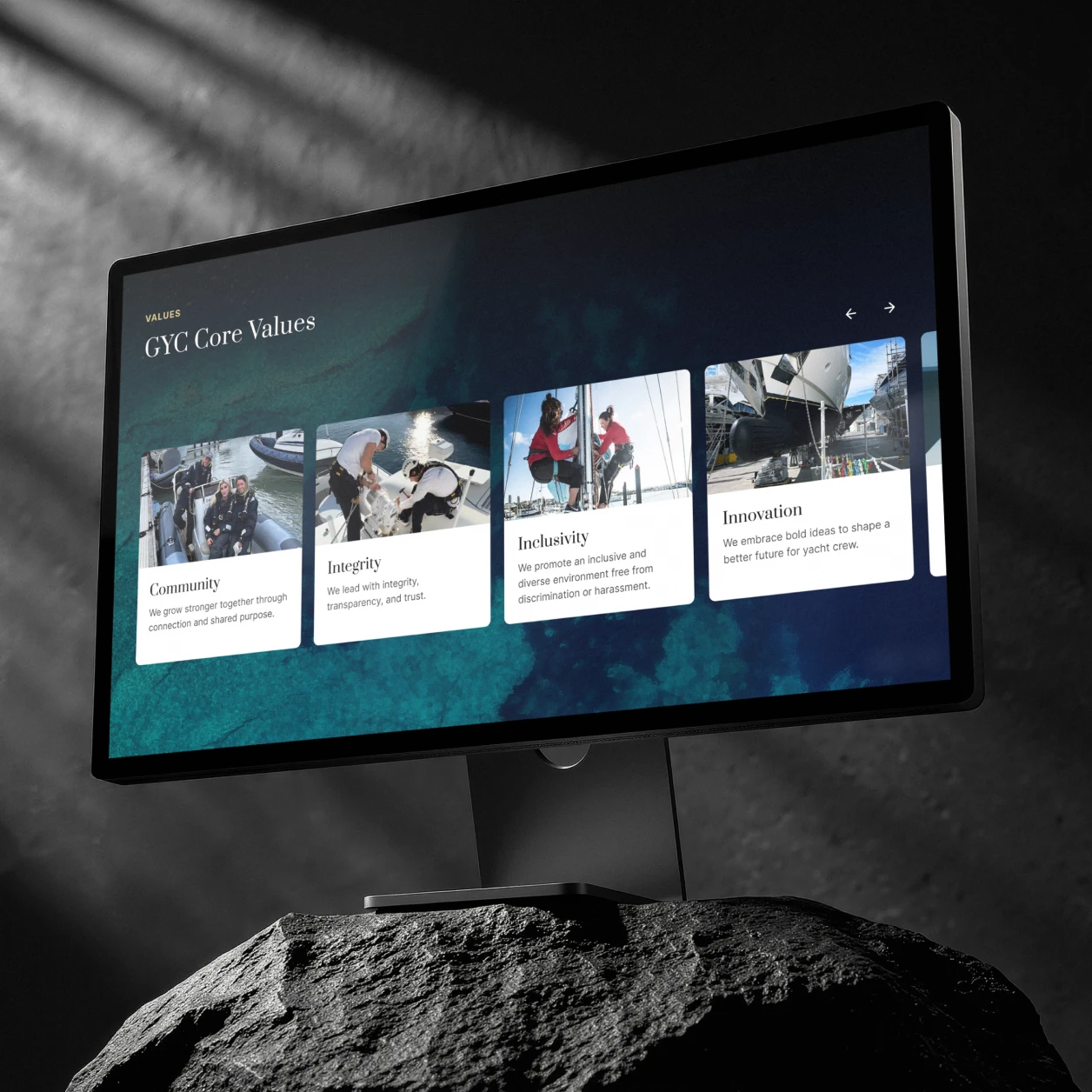 Computer monitor displaying GYC Core Values: Community, Integrity, Inclusivity, Innovation with related images.