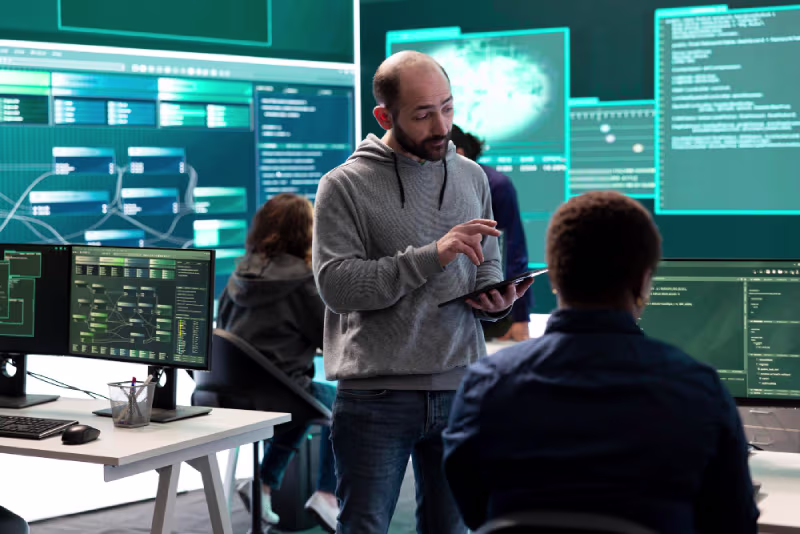 A man in front of a computer screen, working on advanced security features for NetSuite development.