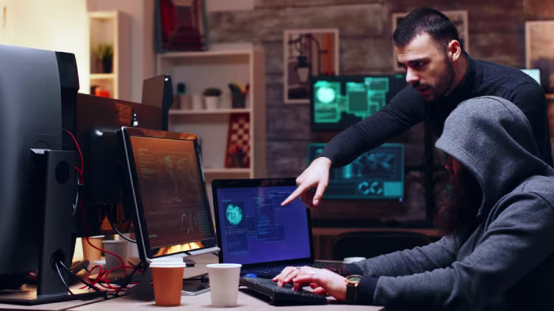 Two hoodie-clad men working intently on computers, developing expert-level security features for NetSuite.