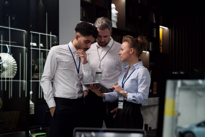 Three professionals collaborate in front of a computer, discussing the advantages of specialized NetSuite staffing services.