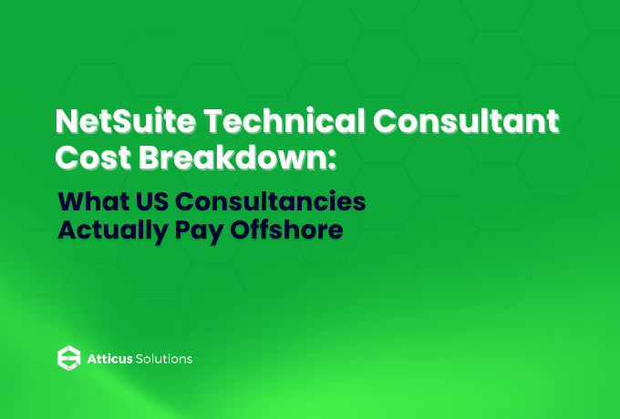 A person analyzes a laptop displaying graphs and charts related to offshore consultancy costs for NetSuite technical services.