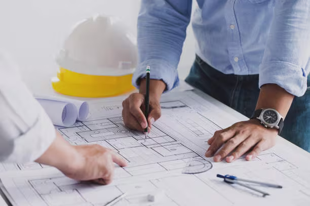 Two professionals in hardhats collaborate on a blueprint, discussing contractor rates for 2026 market pricing.