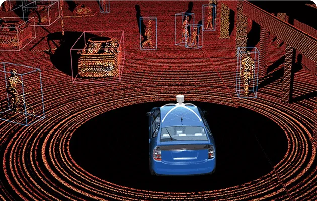 3D LiDAR point cloud visualization showing a blue autonomous car detecting multiple human figures and objects in its surroundings enclosed in colored bounding boxes.